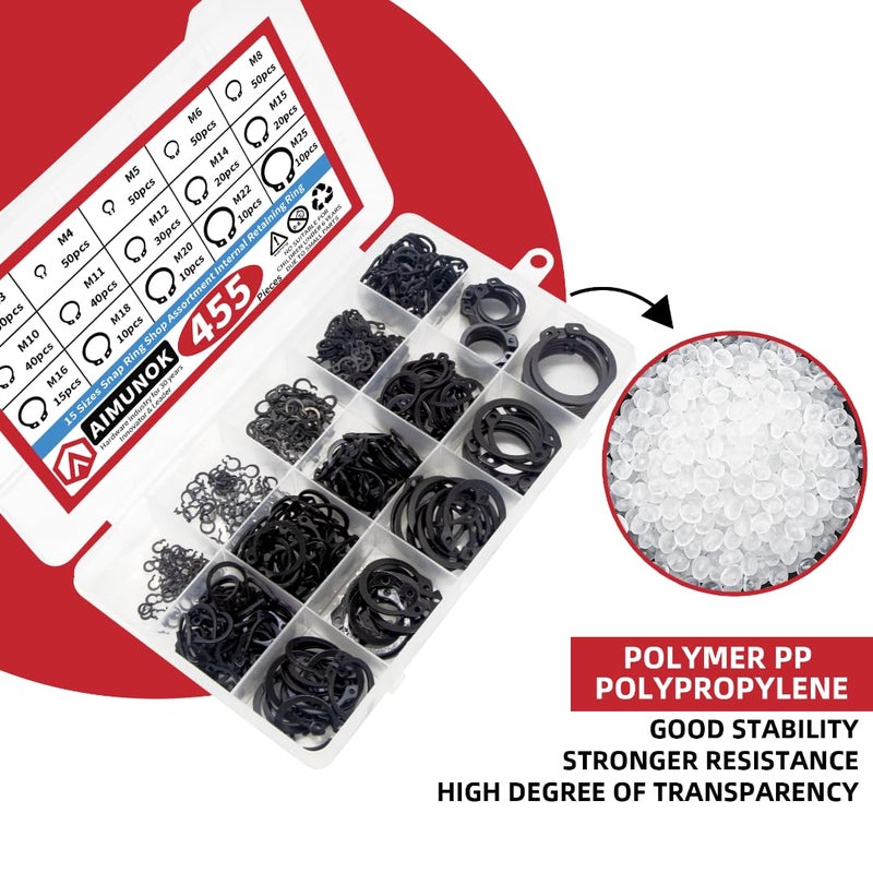 AIMUNOK 455Pcs External Retaining Rings Snap Rings Assortment Kit, External C-Clip Set Carbon Steel, 15 Sizes Circlip Snap Rings M3 - M25 - Image 5